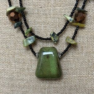 Beaded Necklace With Green Glass Pendant And Gemstone Necklace 14” + 2.5”